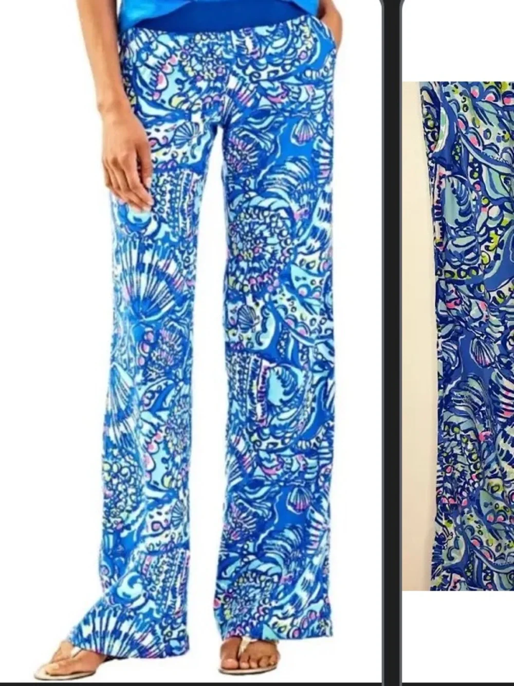 Yoga Waist Blue Floral Shell Print Wide Leg Lilly Pulitzer Lounge Bottom Size XS